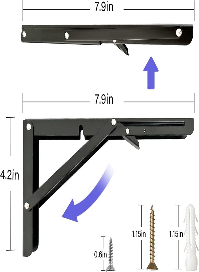 Medach Folding Wall Mounted Shelf Brackets, Heavy Duty Black Metal for Bendable Table, Space Saving (8 Inch, 6 Pcs) - Image 2